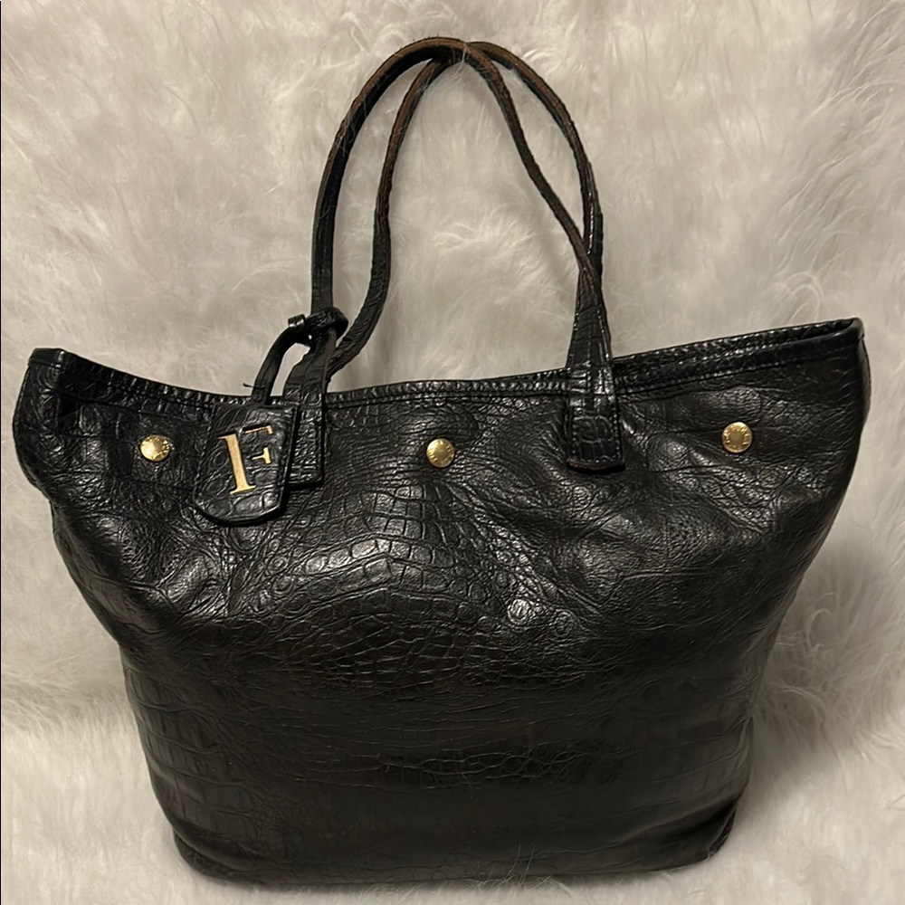 Authentic Furla Black Crocodile-Embossed Tote Bag